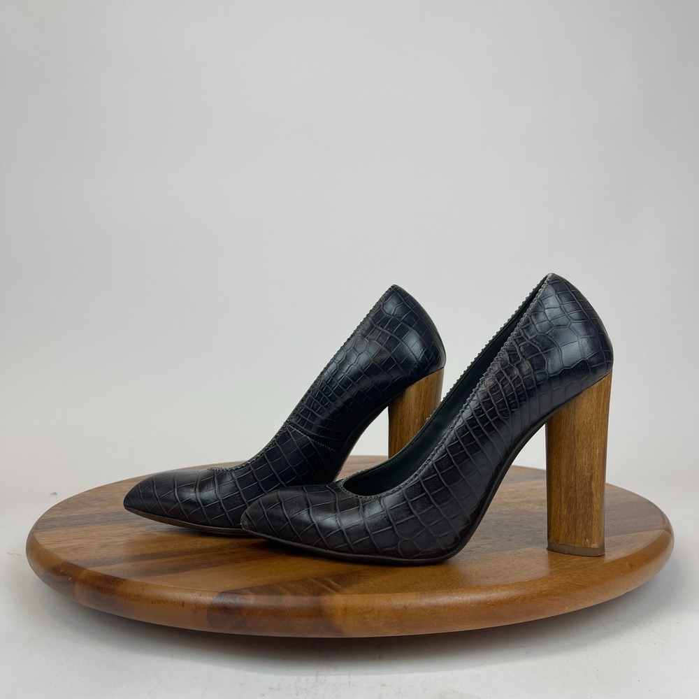 Womens YSL Saint Laurent Dark Gray Croc Print Leather Block Heels Size 36 US 6 - Picture 2 of 16